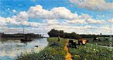Willem Roelofs Canvas Paintings - Cows Grazing Near a Canal, Schiedam